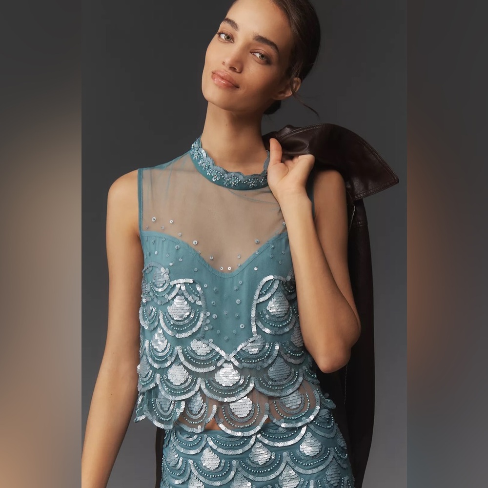Anthropologie Maeve Beaded Scallop Sequin Crop Tank Top